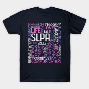 Speech Language Pathologist Speech Therapist Therapy Word Art Pink Purple T-Shirt